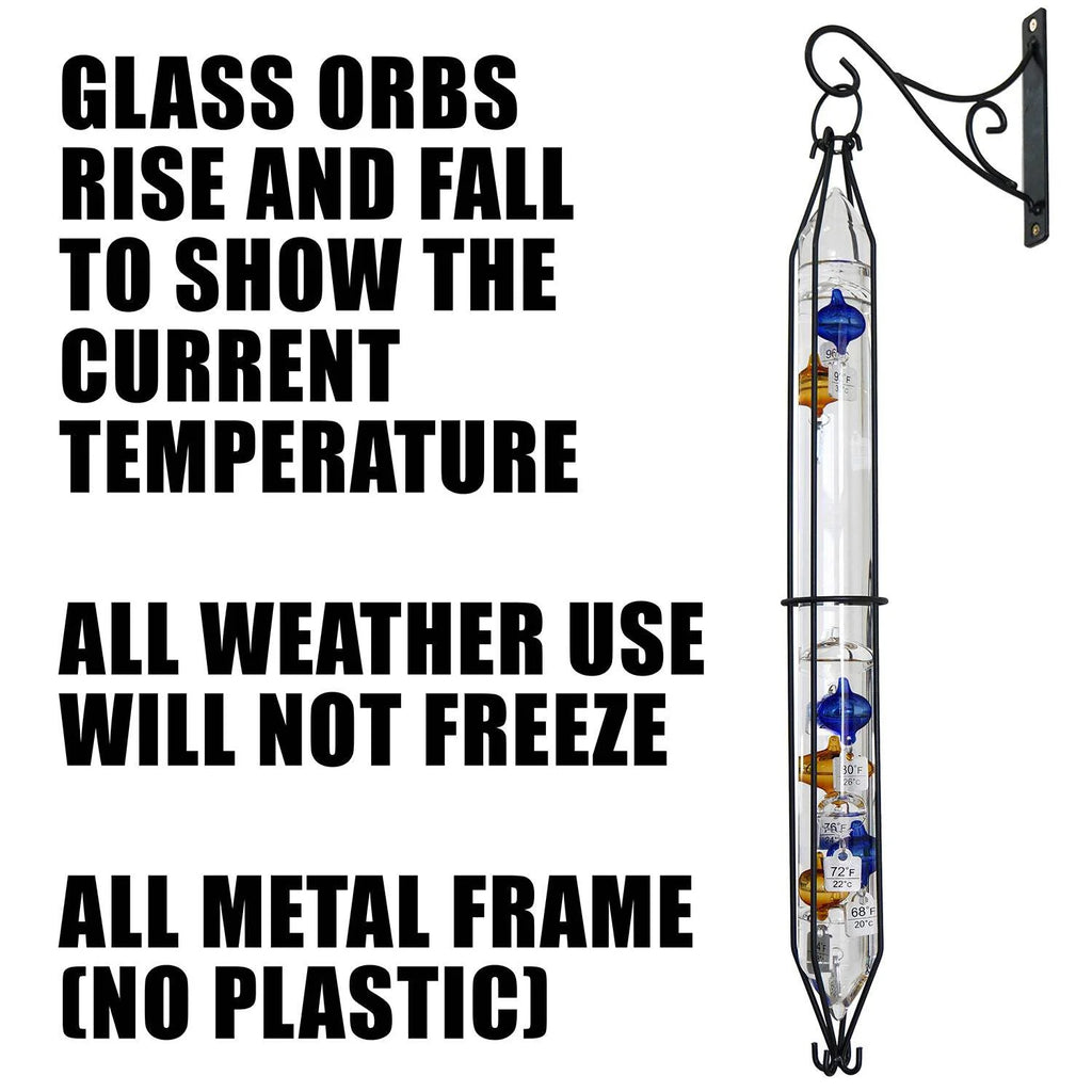 Glassic Gifts Outdoor Hanging Galileo Thermometer, Colored Glass Orbs with Free Bracket