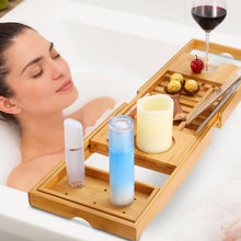 Load image into Gallery viewer, Bathtub Caddy Tray, Bamboo Bath Tray Table Extendable Reading Rack Tablet Phone Holder Wine Glass Holder Shelf Desk Bathroom Spa