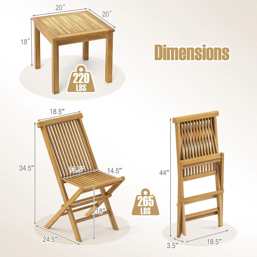 Tangkula 3 Piece Teak Wood Bistro Set, Outdoor Conversation Set with 2 Folding Chairs & Square Side Table