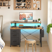 Load image into Gallery viewer, 40 in Computer Desk with Power Outlets &amp; LED Lights, Home Office Desk with 3 Drawers &amp; Adjustable Monitor Shelf, , Writing Desk with Storage Bag, Vintage