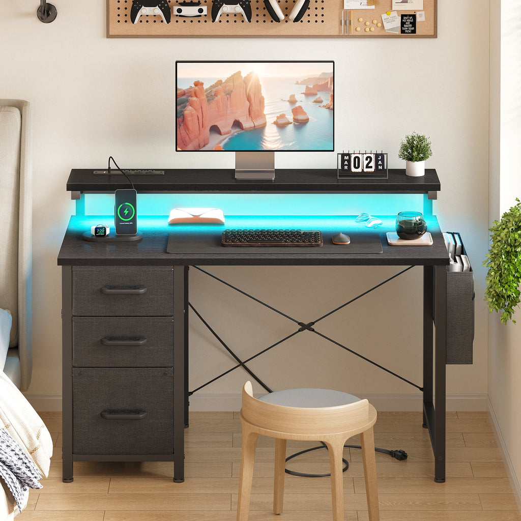 40 in Computer Desk with Power Outlets & LED Lights, Home Office Desk with 3 Drawers & Adjustable Monitor Shelf, , Writing Desk with Storage Bag, Vintage