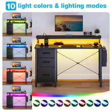 Load image into Gallery viewer, 40 in Computer Desk with Power Outlets &amp; LED Lights, Home Office Desk with 3 Drawers &amp; Adjustable Monitor Shelf, , Writing Desk with Storage Bag, Vintage
