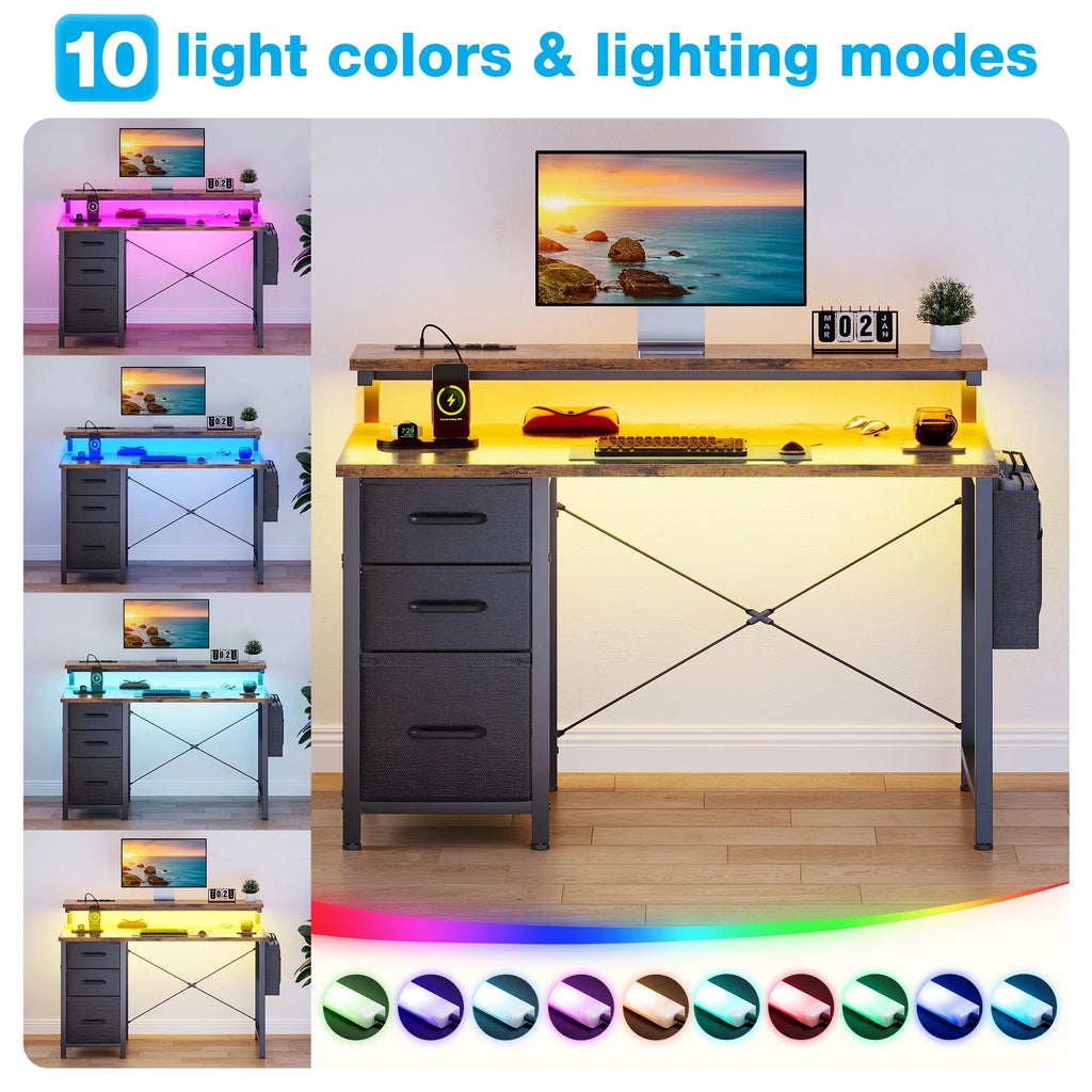 40 in Computer Desk with Power Outlets & LED Lights, Home Office Desk with 3 Drawers & Adjustable Monitor Shelf, , Writing Desk with Storage Bag, Vintage