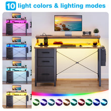 Load image into Gallery viewer, 40 in Computer Desk with Power Outlets &amp; LED Lights, Home Office Desk with 3 Drawers &amp; Adjustable Monitor Shelf, , Writing Desk with Storage Bag, Vintage