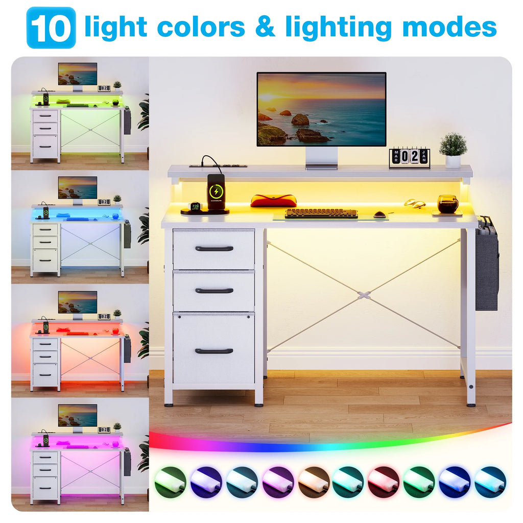 40 in Computer Desk with Power Outlets & LED Lights, Home Office Desk with 3 Drawers & Adjustable Monitor Shelf, , Writing Desk with Storage Bag, Vintage