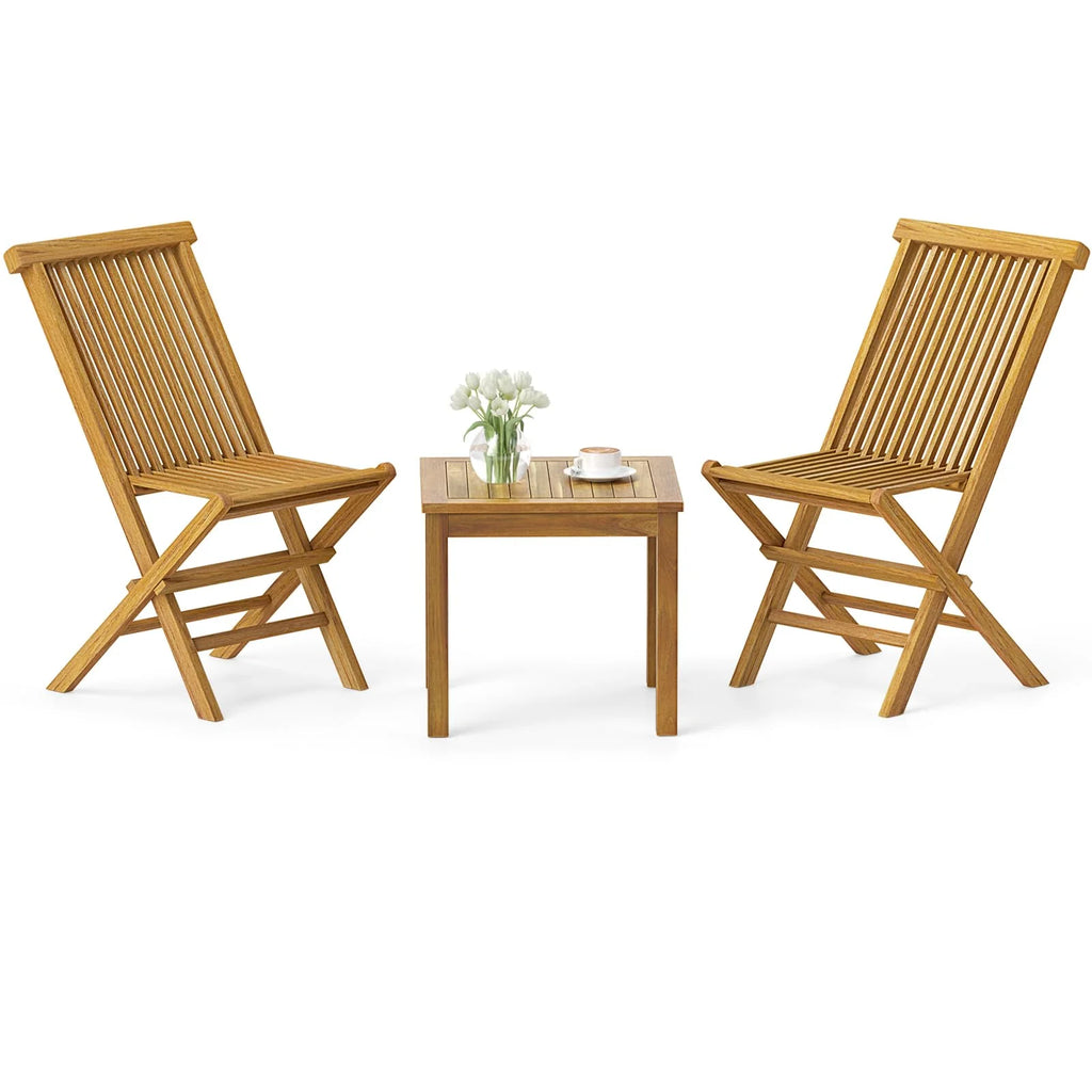 Tangkula 3 Piece Teak Wood Bistro Set, Outdoor Conversation Set with 2 Folding Chairs & Square Side Table