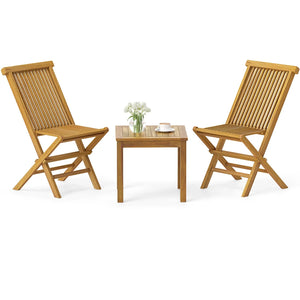 Tangkula 3 Piece Teak Wood Bistro Set, Outdoor Conversation Set with 2 Folding Chairs & Square Side Table