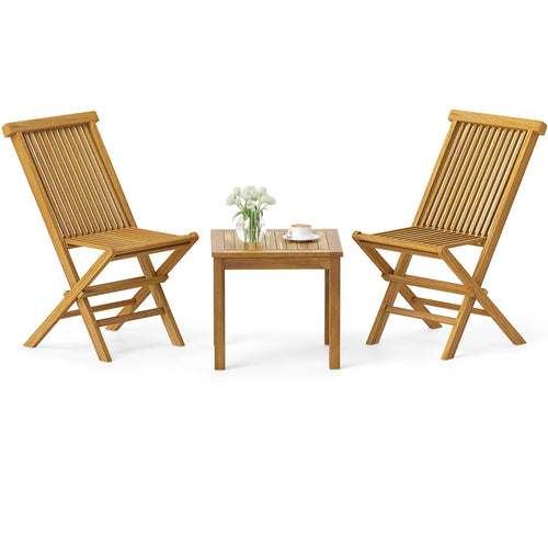 Tangkula 3 Piece Teak Wood Bistro Set, Outdoor Conversation Set with 2 Folding Chairs & Square Side Table