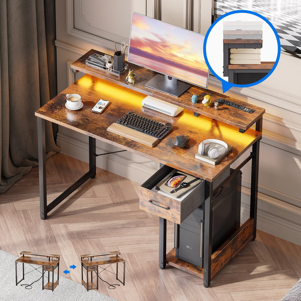 40 in Computer Desk with Power Outlets & LED Lights, Home Office Desk with 3 Drawers & Adjustable Monitor Shelf, , Writing Desk with Storage Bag, Vintage