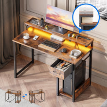 Load image into Gallery viewer, 40 in Computer Desk with Power Outlets &amp; LED Lights, Home Office Desk with 3 Drawers &amp; Adjustable Monitor Shelf, , Writing Desk with Storage Bag, Vintage
