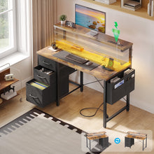Load image into Gallery viewer, 40 in Computer Desk with Power Outlets &amp; LED Lights, Home Office Desk with 3 Drawers &amp; Adjustable Monitor Shelf, , Writing Desk with Storage Bag, Vintage
