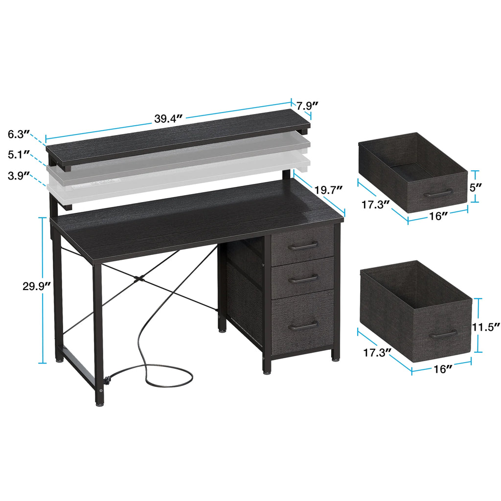 40 in Computer Desk with Power Outlets & LED Lights, Home Office Desk with 3 Drawers & Adjustable Monitor Shelf, , Writing Desk with Storage Bag, Vintage
