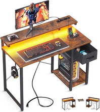 Load image into Gallery viewer, 40 in Computer Desk with Power Outlets &amp; LED Lights, Home Office Desk with 3 Drawers &amp; Adjustable Monitor Shelf, , Writing Desk with Storage Bag, Vintage