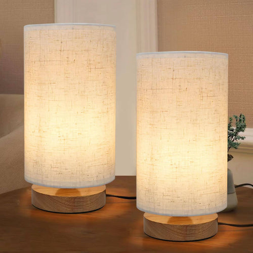 Table Lamps for Bedrooms Set of 2, Minimalist Bedside Lamps Set of 2 with Round Fabric Linen Shade,Reading Small Desk Lamp Set of 2 for Kids Room,