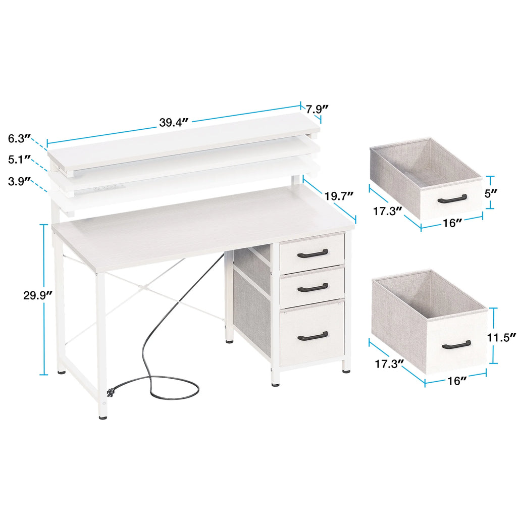 40 in Computer Desk with Power Outlets & LED Lights, Home Office Desk with 3 Drawers & Adjustable Monitor Shelf, , Writing Desk with Storage Bag, Vintage