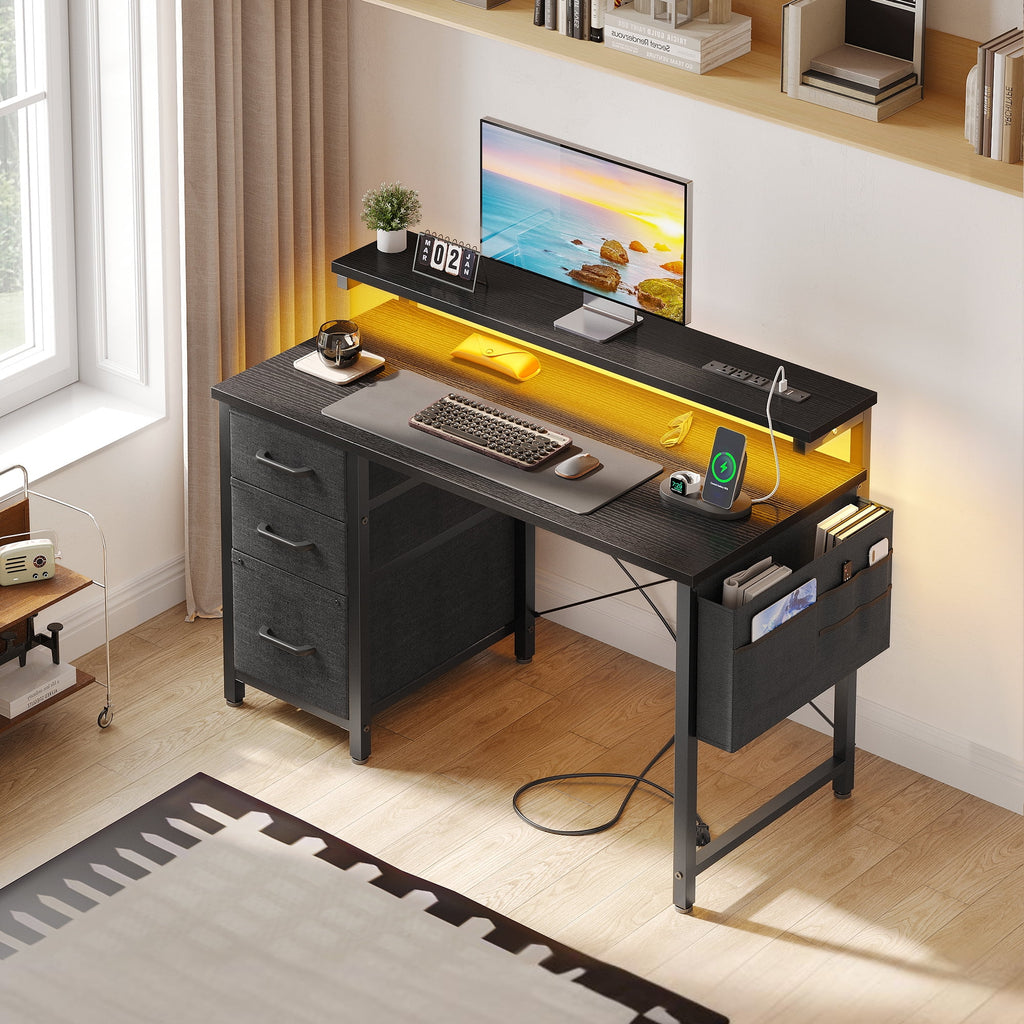 40 in Computer Desk with Power Outlets & LED Lights, Home Office Desk with 3 Drawers & Adjustable Monitor Shelf, , Writing Desk with Storage Bag, Vintage
