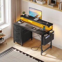Load image into Gallery viewer, 40 in Computer Desk with Power Outlets &amp; LED Lights, Home Office Desk with 3 Drawers &amp; Adjustable Monitor Shelf, , Writing Desk with Storage Bag, Vintage