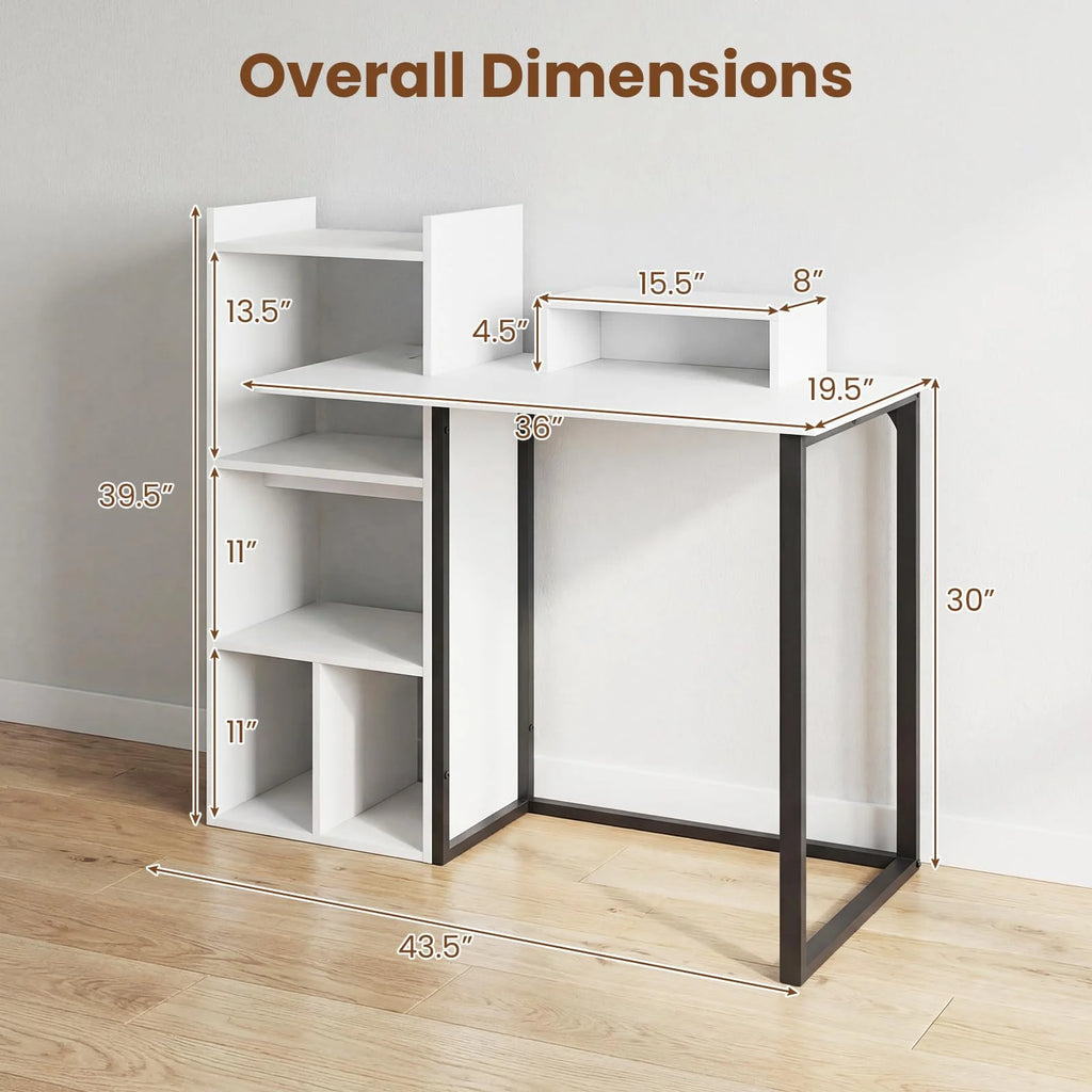 Tangkula 43.5" Study Desk with Ergonomic Monitor Stand & Storage Shelves
