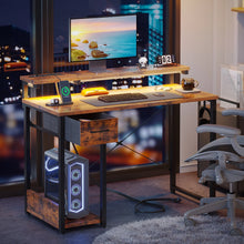 Load image into Gallery viewer, 40 in Computer Desk with Power Outlets &amp; LED Lights, Home Office Desk with 3 Drawers &amp; Adjustable Monitor Shelf, , Writing Desk with Storage Bag, Vintage