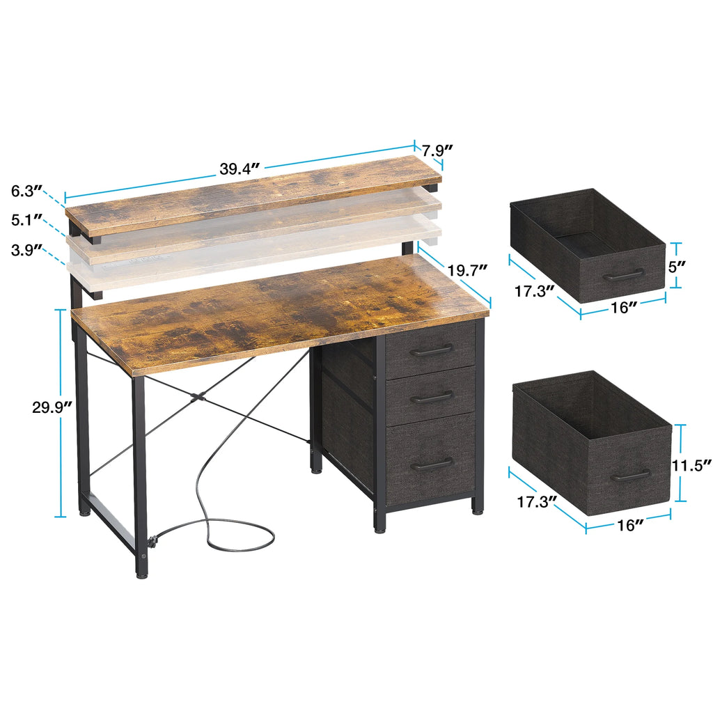 40 in Computer Desk with Power Outlets & LED Lights, Home Office Desk with 3 Drawers & Adjustable Monitor Shelf, , Writing Desk with Storage Bag, Vintage
