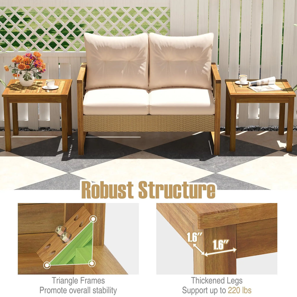 Tangkula 3 Piece Teak Wood Bistro Set, Outdoor Conversation Set with 2 Folding Chairs & Square Side Table