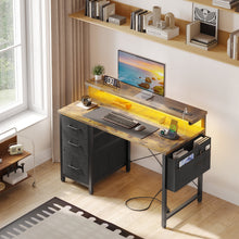 Load image into Gallery viewer, 40 in Computer Desk with Power Outlets &amp; LED Lights, Home Office Desk with 3 Drawers &amp; Adjustable Monitor Shelf, , Writing Desk with Storage Bag, Vintage