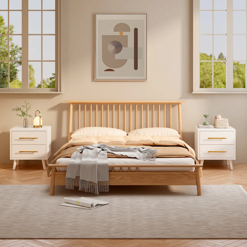 Bedroom Furniture Set - Includes Queen Bed Frame, Nightstands Set of 2, 5 - Drawer Dresser & Vanity Desk - Modern Storage Solution for Stylish Home Decor, Beige/White