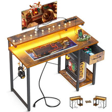Load image into Gallery viewer, 40 in Computer Desk with Power Outlets &amp; LED Lights, Home Office Desk with 3 Drawers &amp; Adjustable Monitor Shelf, , Writing Desk with Storage Bag, Vintage