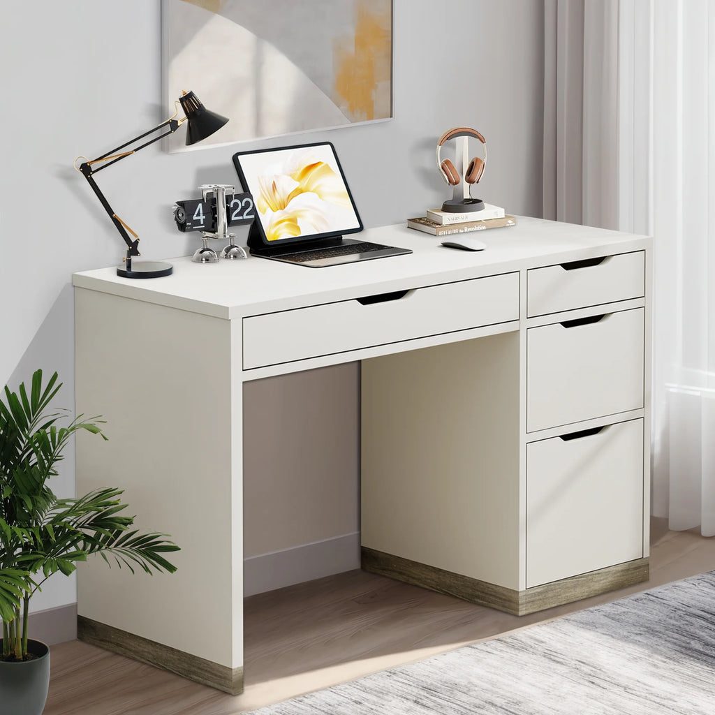 Dreamcurship White Desk with Drawers, Modern Computer Desk with File Drawers, Home Office Study Writing Desk with Storage, White