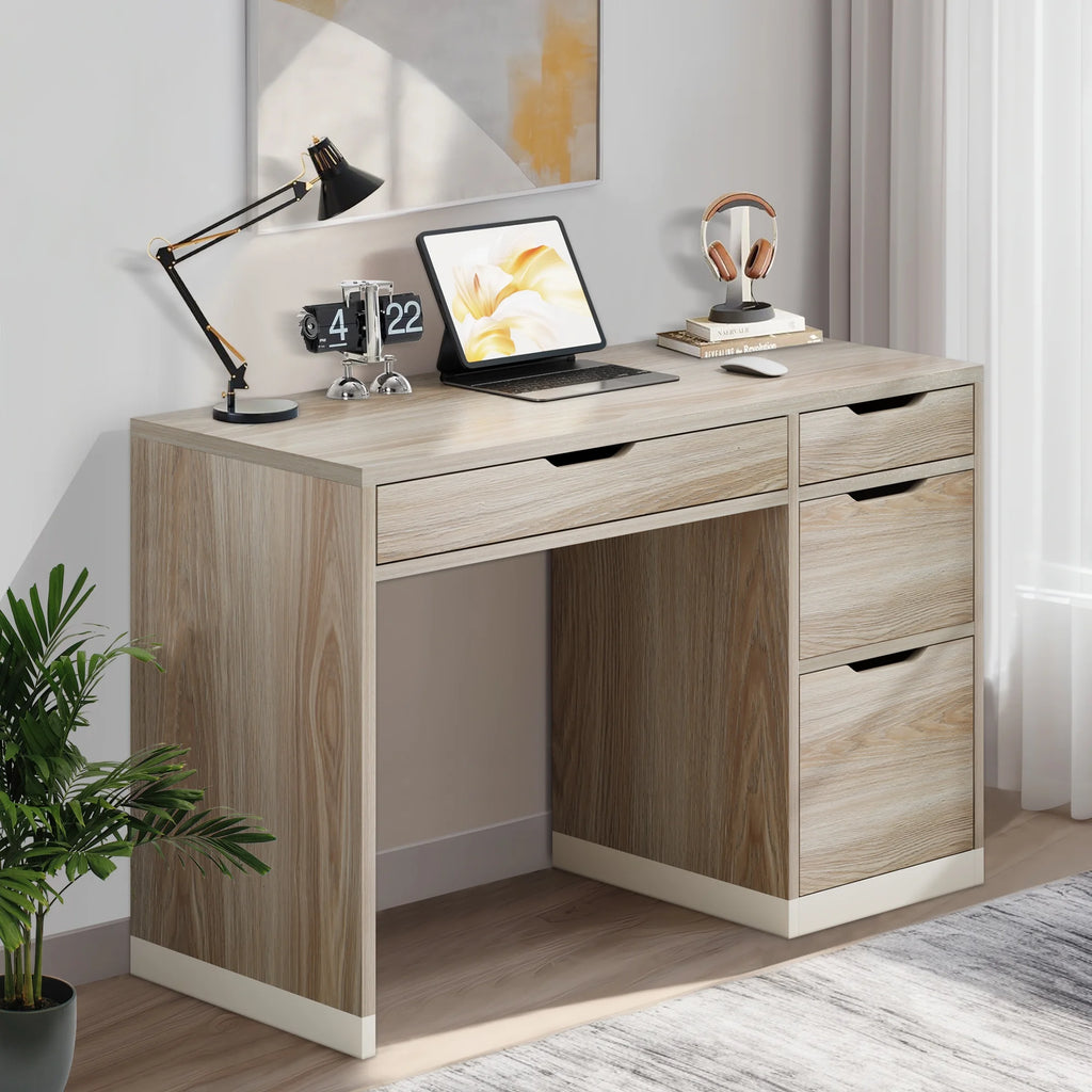 Dreamcurship White Desk with Drawers, Modern Computer Desk with File Drawers, Home Office Study Writing Desk with Storage, White