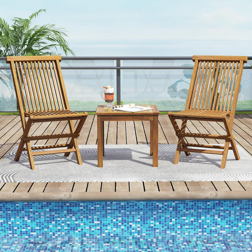 Tangkula 3 Piece Teak Wood Bistro Set, Outdoor Conversation Set with 2 Folding Chairs & Square Side Table